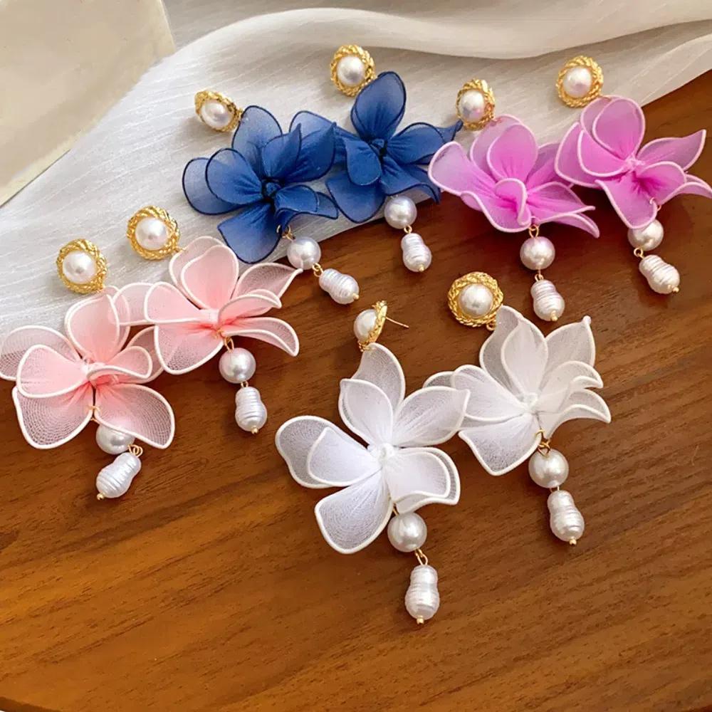 Sweet Beach Earrings Exaggerated Petals Stud Earrings Romantic Mesh Flower Dangle Earrings  Party