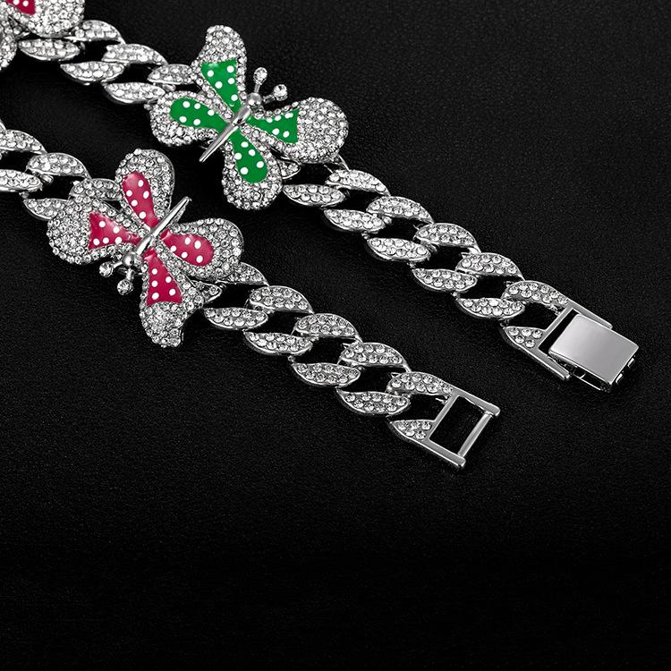 High Quality Jewelry Full Diamond Drip Butterfly Cuban Chain Necklace Hip Hop Necklace Collarbone Chain Female