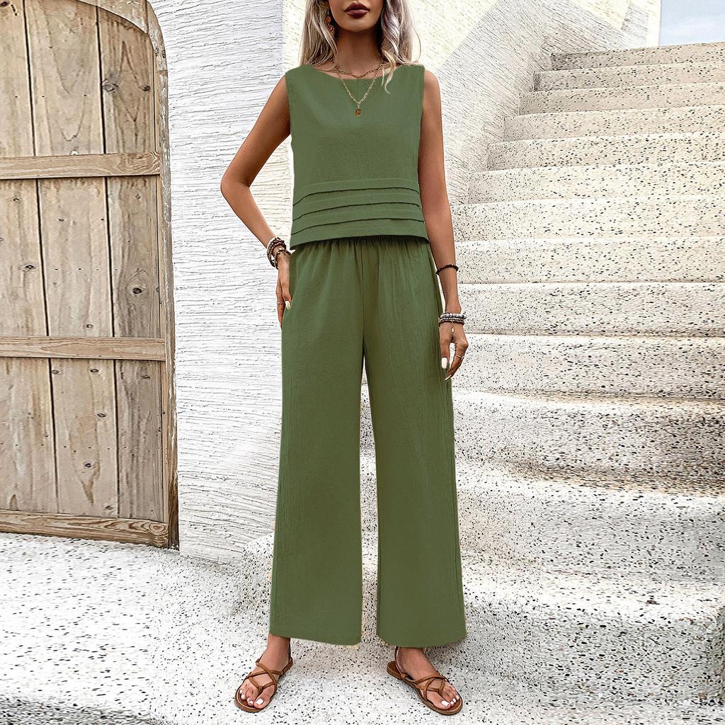 Женский модный повседневный однотонный короткий топ без рукавов с эластичной резинкой на талии, комплект из двух предметов