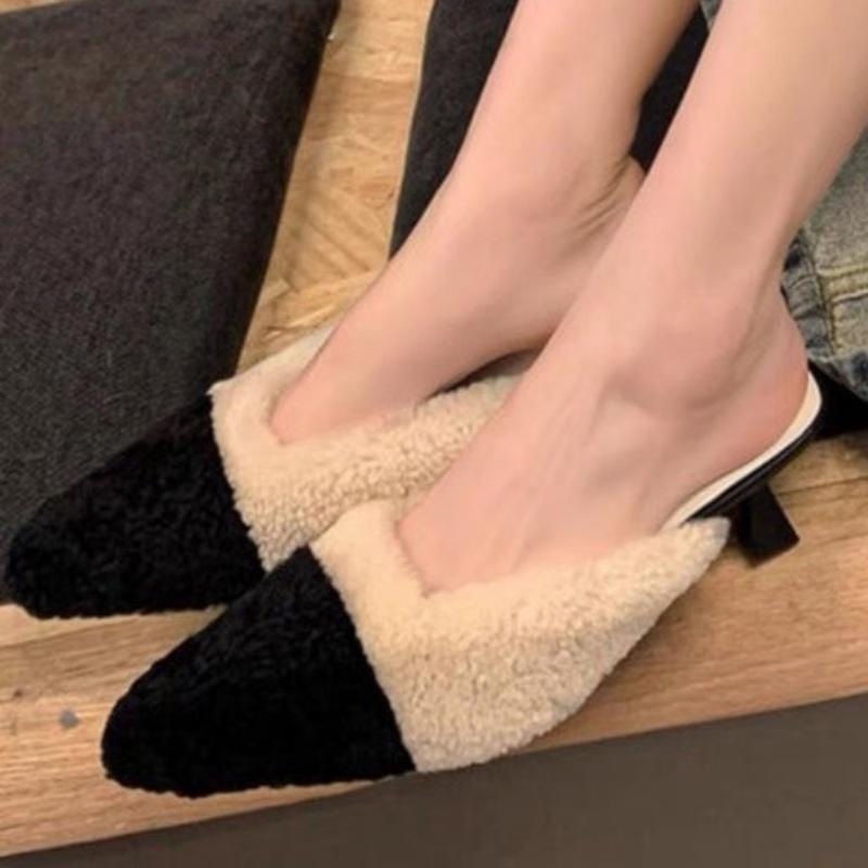 Women High Heels Fur Slippers Home Cotton Shoes Winter Plush Warm Pointed Toe Shoes 2025 Trend Casual Flip Flops Zapatos Mujer