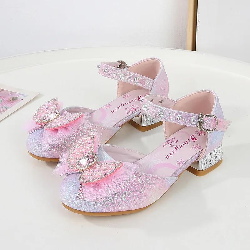 Children Princess Shoes Fashion Glitter Bowknot Girls Wedding Party High-heels Sandals Elegant Kids Sequins Dress Single Shoes