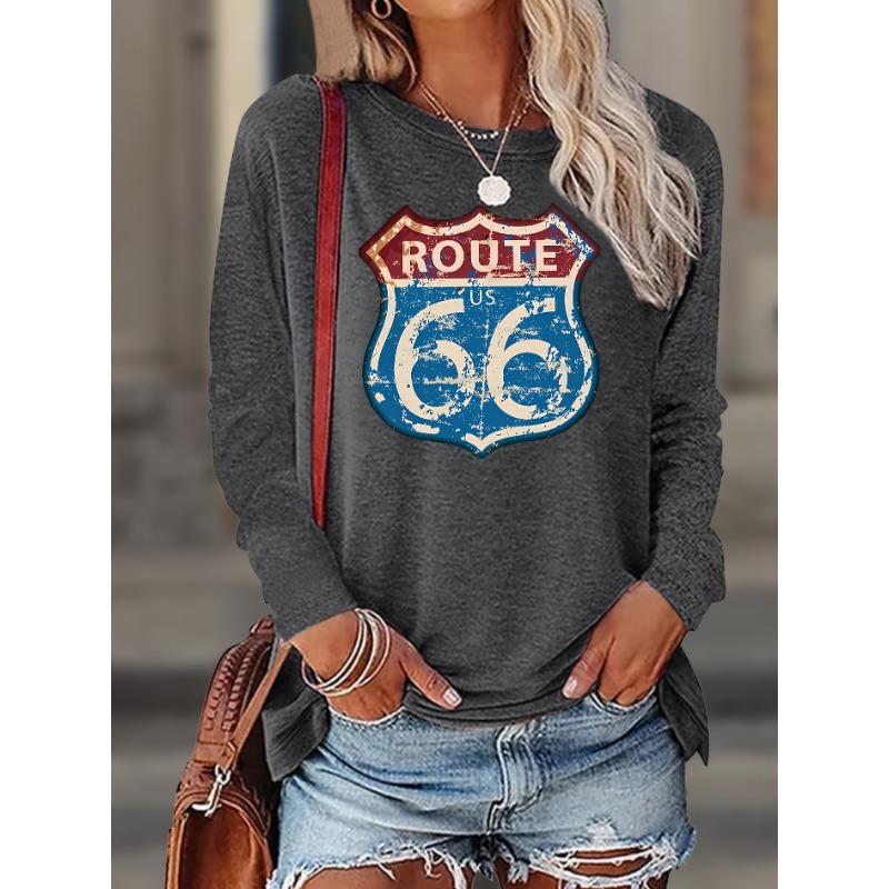 Ретро футболка с принтом Route 66, круглым вырезом, праздничная, элегантная, женская, с длинным рукавом, повседневная, элегантная, на весну, лето, осень, зиму
