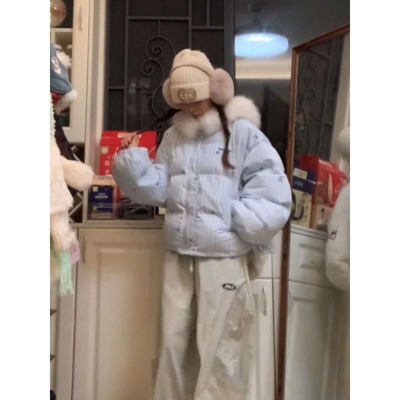 Sweet temperament bow print striped hooded cotton coat winter commuting warm cotton coat