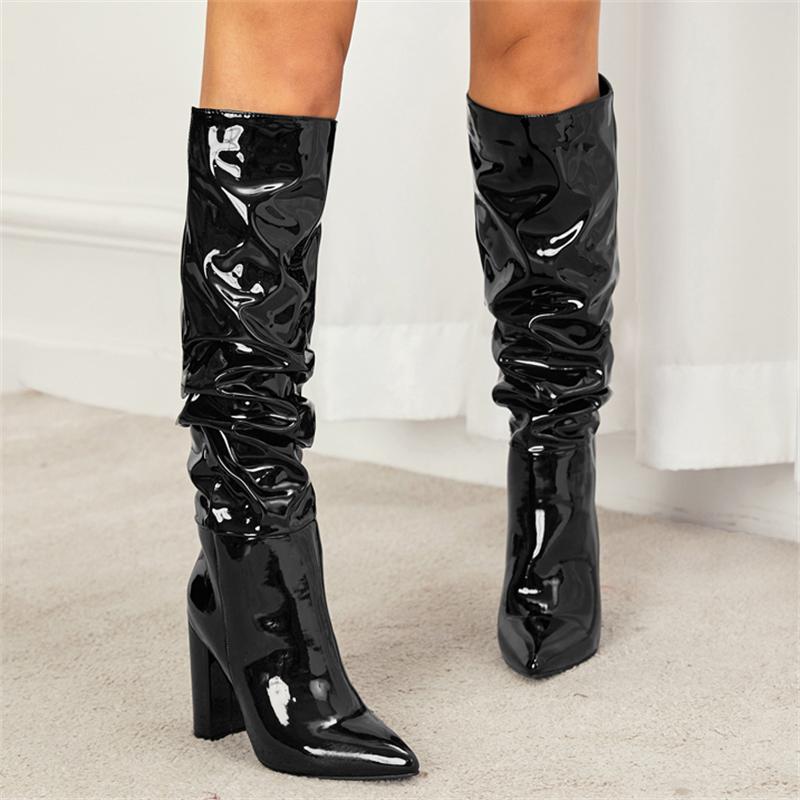 Eilyken Сексуальные уличные дизайнерские сапоги до колена с острым носком, женские модные туфли из лакированной кожи, длинные ботильоны на массивном высоком каблуке