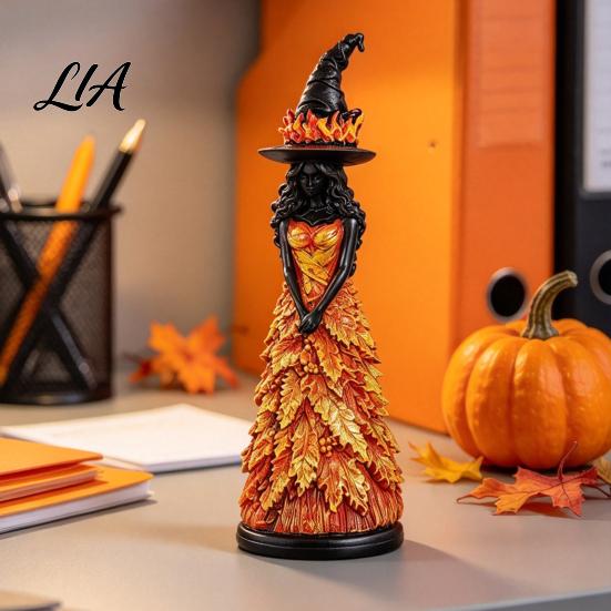 Indoor Holiday Table Decor Autumn Witch Statue, Resin Figurine with Maple Leaf Dress, Forest Theme Decorations Fall Harvest Halloween Tabletop