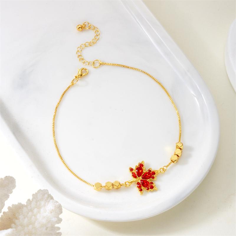 Korean Style Luxury Red Zircon Maple Leaf Beads Bracelet for Women Golden Chain Party New Plant Year Accessory Gift