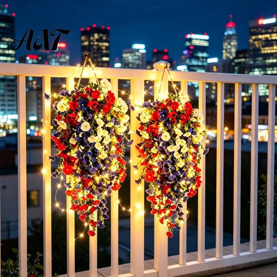 Fake Flowers for Patio Patriotic Hanging Basket, Red White Blue Artificial America's Indoor Outdoor Floral Display 250th Anniversary, UV Fade