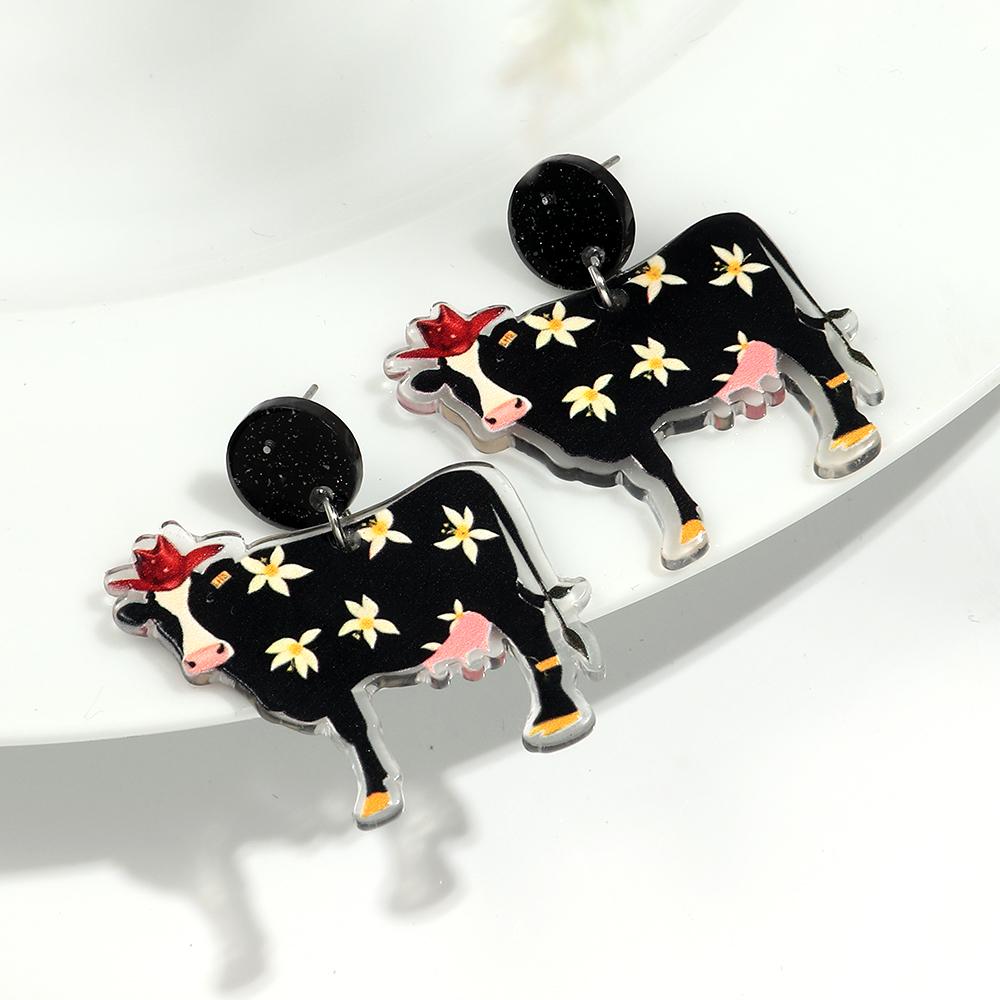 Cute Flower Cow Acrylic Print Earrings for Women Girls New Cartoon Hat Boot Cattle Animals Drop Earring Lovely Jewelry Gifts