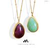 Korean Style Teardrop Oval Pendant Necklace, Natural Raw Stone, Clavicle Chain, Gold-Plated Titanium Steel