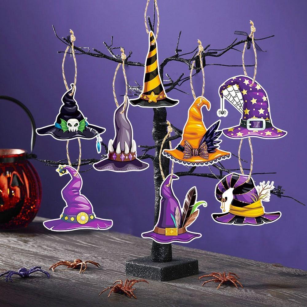 8Pcs Funny Witch Hat Hanging Paper Halloween Hanging Tag Haunted House
