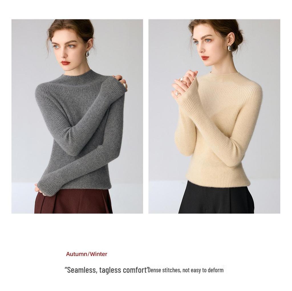 New Women's 100% Pure Cashmere Ribbed Sweater - Half-High Neck, Slim Fit, Soft & Comfortable
