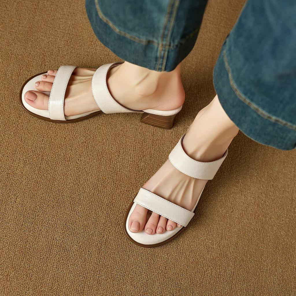 Krazing Pot Mules Cow Skin Thick Heels Peep Toe Street Wear Summer Size 42 Concise Style Elegant Women Sandals