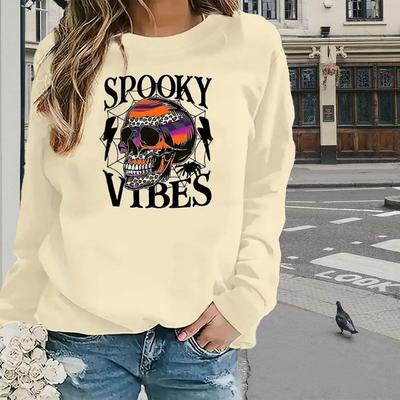 Топы для женщин с принтом в виде черепа и букв, круглый вырез, длинный рукав, футболка, осенний повседневный тонкий пуловер, женский топ с длинным рукавом
