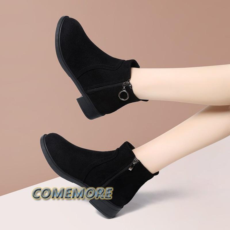 2025 Женские Осенне-Зимние Новые Низкий Каблук Удобные Модные Короткие Ботинки Боковая Молния Снежные Женские Ботинки Круглый Носок Дизайнерские Черные