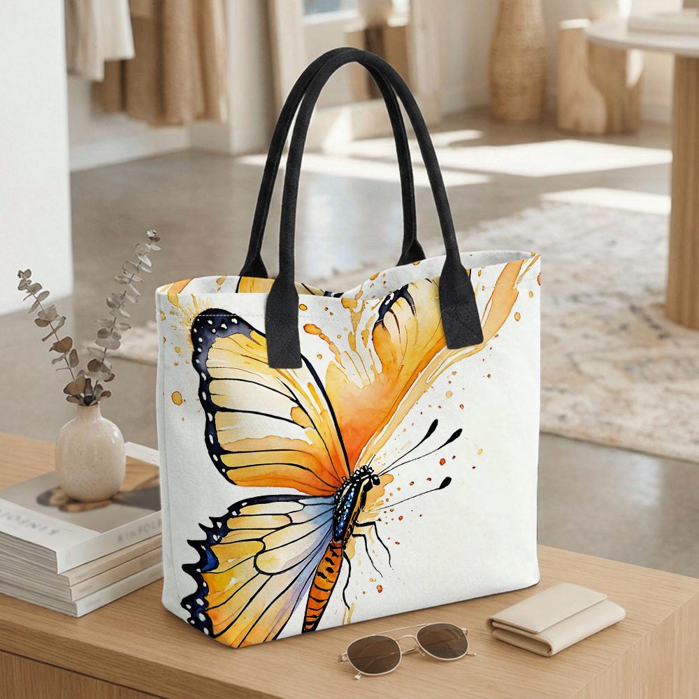 Watercolor Butterfly Print Tote Bag Fashion Casual Large Capacity Shoulder Handbag for Daily Use
