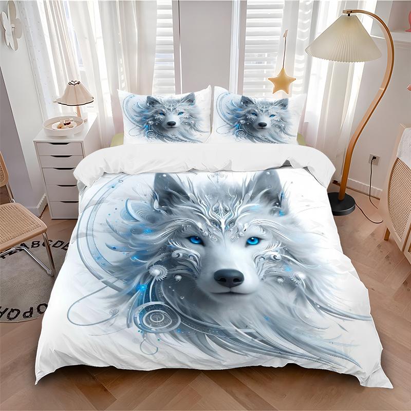 3pcs Enchanted Moonlit Wolf Design Print Bedding Set (1 Cover + 2 Pillowcases, Without Inserts), This Printed Bedding Set is Soft and Comfortable