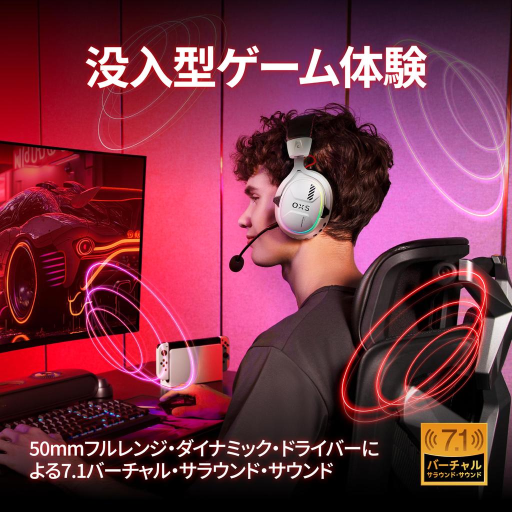 OXS Storm G2 Wireless Gaming Virtual Surround 3 EQ Low 50mm 40H RGB Bluetooth Compatible with and White Headset, 7.1 Sound, Modes, 2.4G Latency,