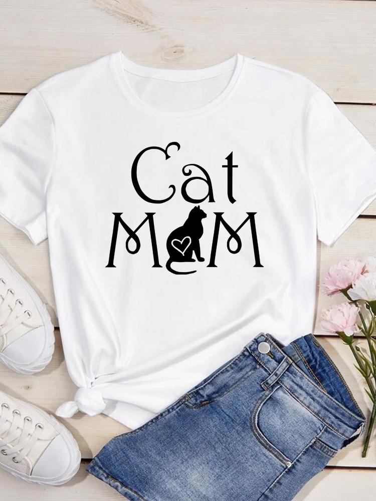 O Neck Tshirt Comfortable Cute Love Heart Cat Print Casual Short Sleeve Top Summer Women's Clothing Cartoon Streetwear