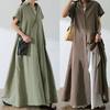 Tooxika New Women's Solid Color Short-sleeved Cotton And Linen Dress Loose Lapel Shirt Long Skirt