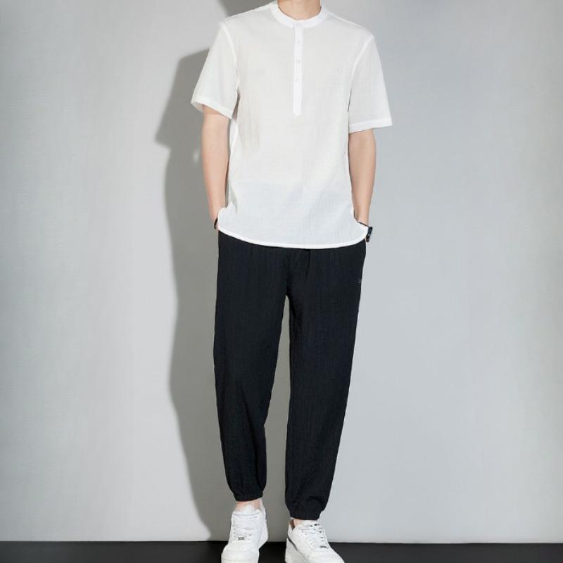 Льняной костюм с короткими рукавами, мужской летний тонкий шелковый свободный дышащий повседневный костюм из двух частей