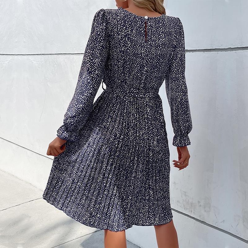 Women's O Neck Long Sleeves Fall Lace Up Print High Waist All Match Dress