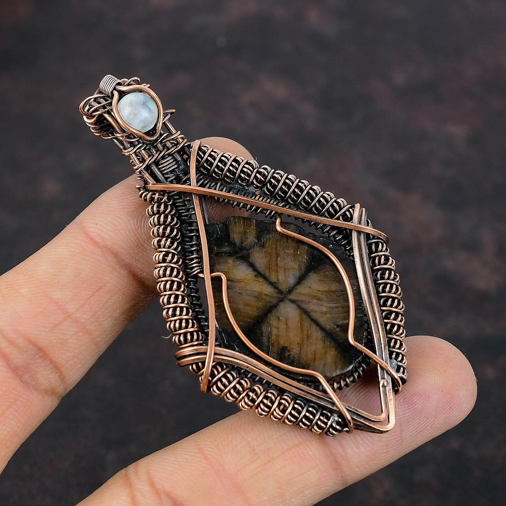 Chiastolite Pendant Copper Wire Wrapped Pendant Genuine Gemstone Pendant Copper Wire Wrap Jewelry Handmade Pendant Rainbow Moonstone Jewelry