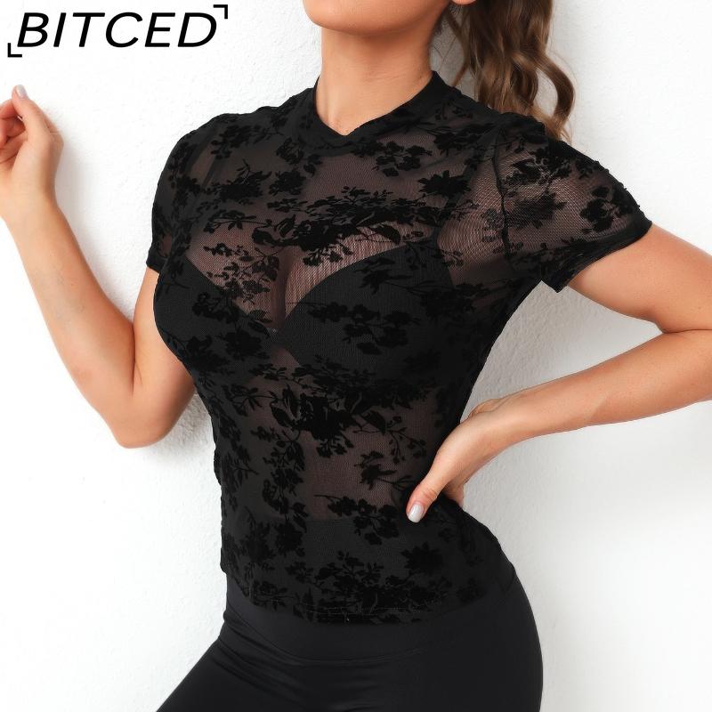 BITCED Women's O-Neck Sexy Stretch Mesh Sheer T-Shirt Top