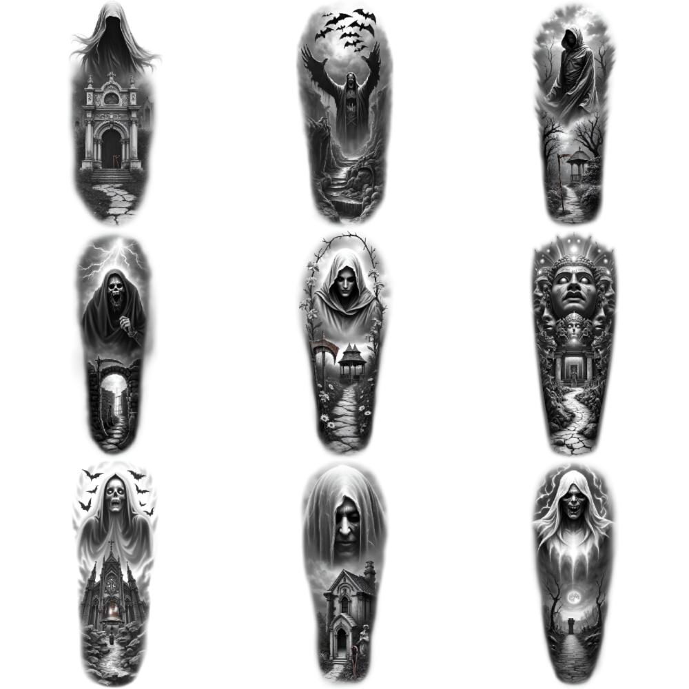 3 шт. Временные Татуировки Черно-Серый Реализм Фигура в Капюшоне Часовая Башня Дерево Для Взрослых Бедра Мужчины