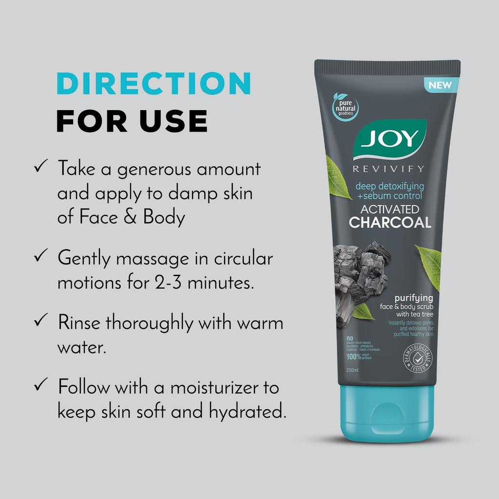 Joy Exfoliating Charcoal Face Scrub 200gm Pack of 1 for Men & Women Oil Control Deep Detox Purifying Skincare