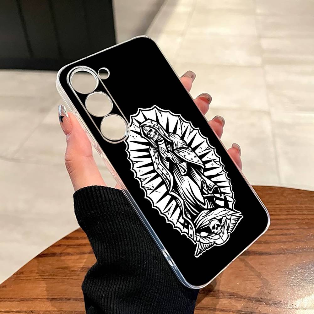 Чехол для телефона с принтом S-Santa M-Muerte Для Samsung A10, 12, 20, 21S, 30, 31, 40, 50, 51, 52, 70, 71 Прозрачный чехол