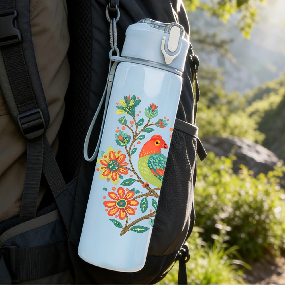 1PC Folk Floral Bird Art 750ml Color Plastic Sports Water Bottle Leakproof Flip Straw Lid Suitable for Sports Office Home Use