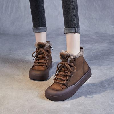 Зимние теплые плюшевые короткие ботинки из натуральной кожи в стиле ретро, универсальные женские туфли на плоской подошве из хлопка