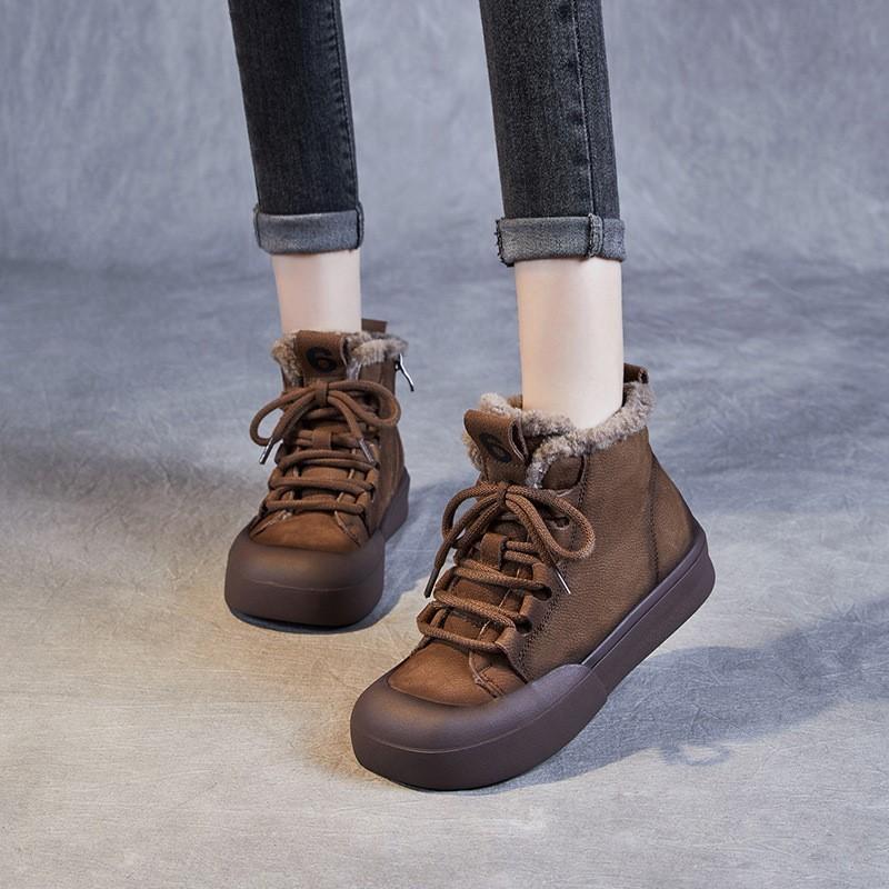 Johnature Зимние теплые плюшевые короткие ботинки из натуральной кожи в стиле ретро, универсальные женские туфли на плоской подошве из хлопка