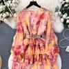 Новое осеннее элегантное женское платье с круглым вырезом и принтом в стиле пэчворк, складками и оборками, с длинными рукавами и высокой талией