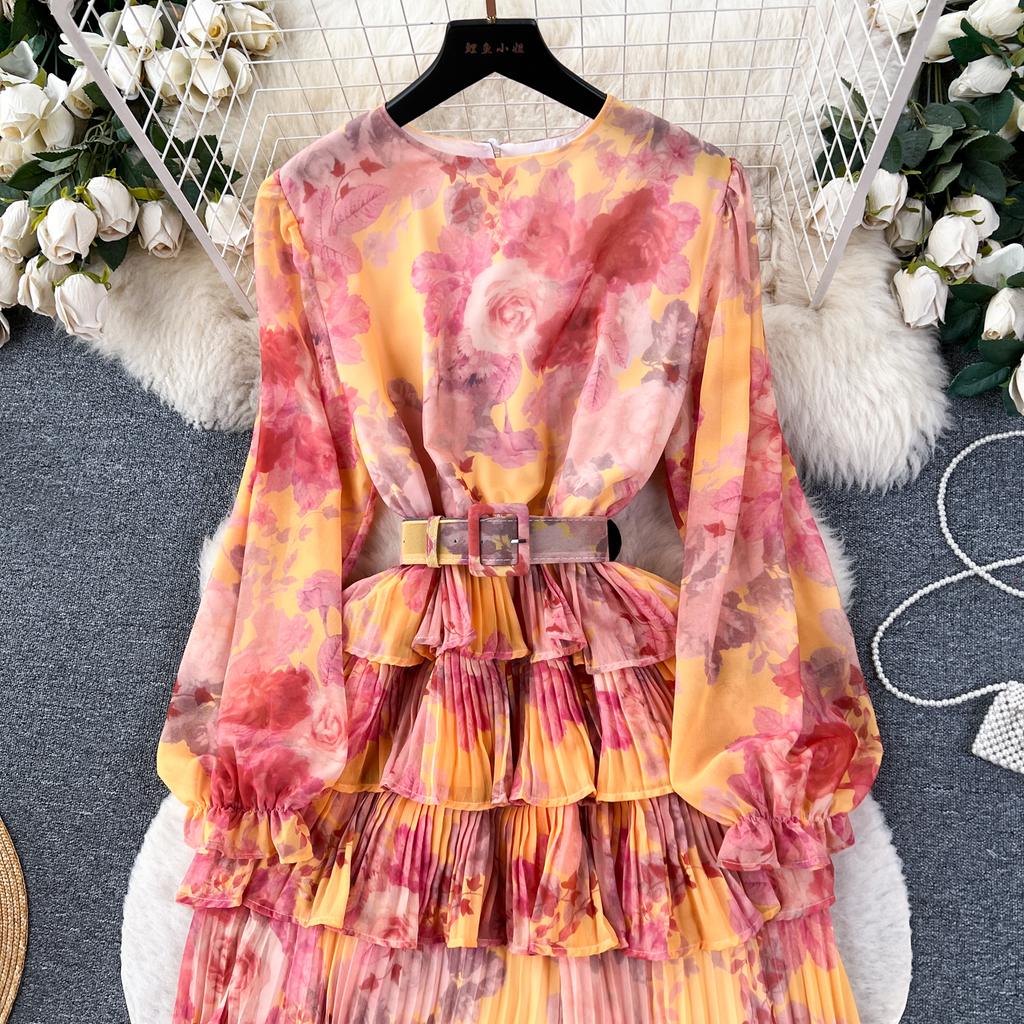 Новое осеннее элегантное женское платье с круглым вырезом и принтом в стиле пэчворк, складками и оборками, с длинными рукавами и высокой талией