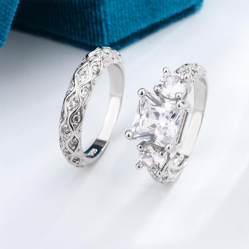 Europe and The United States Ladies Ring Ice Square Combination Ring Pattern Zircon Couple Fashion Design Wind Jewelry