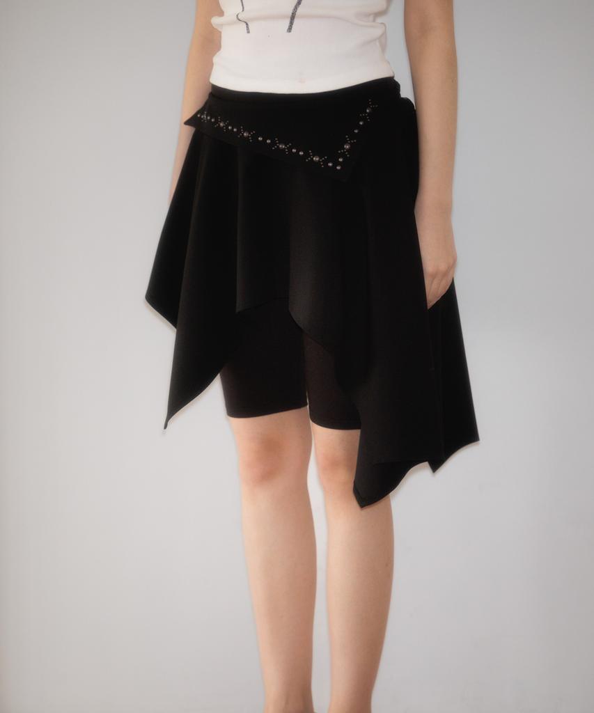 Rose Franz Stud Unbalance Flare Skirt [Black]