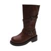 Autumn New Mid-Tube Boots Fashion Round Toe Sleeve Metal Buckle Platform Non-Slip Block Heel Single Shoes