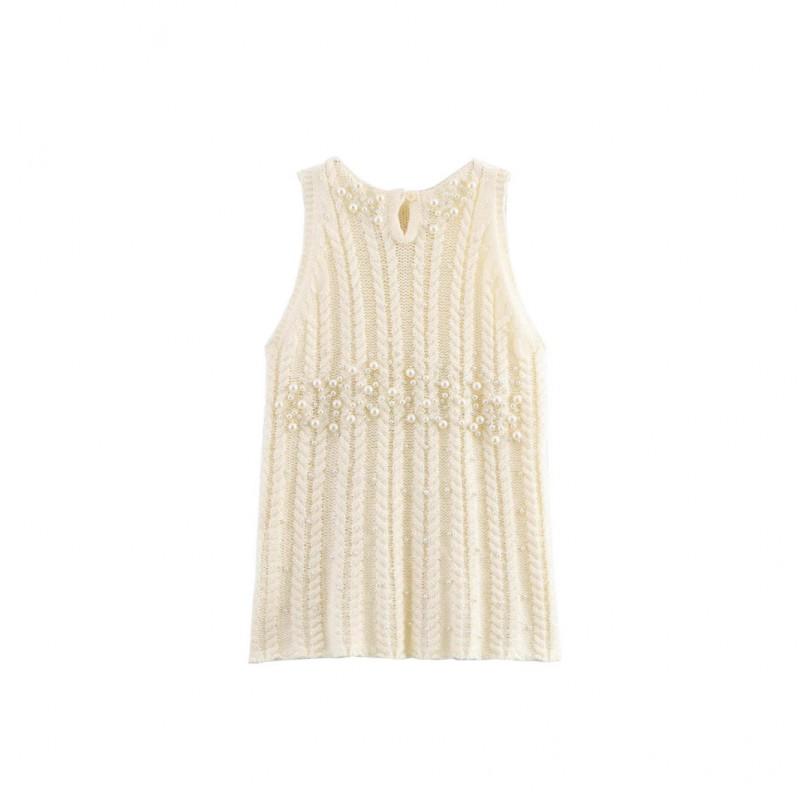 French Sweet Style Knit Top Round Neck Faux Pearl Embellishment Loose Fit Sleeveless Women