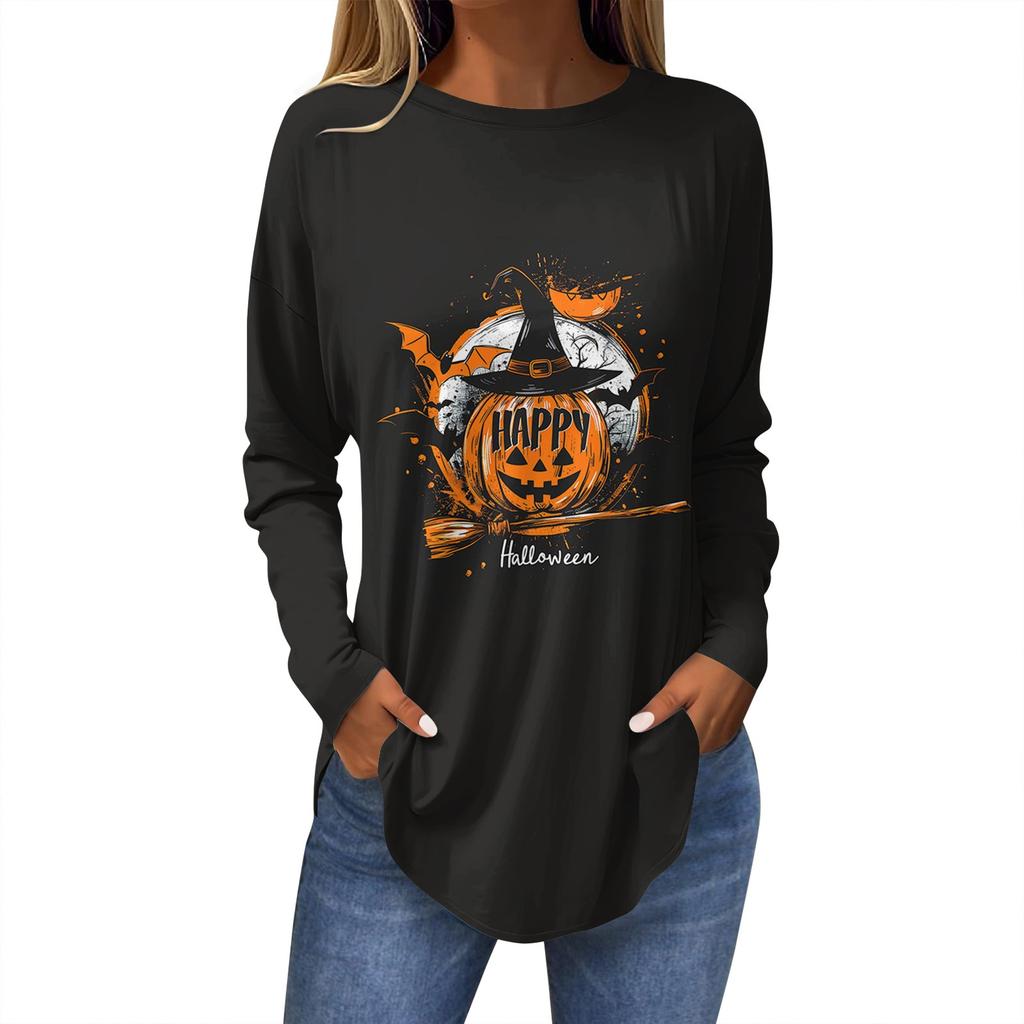 Женская свободная футболка с длинным рукавом с круглым вырезом и принтом, верхний пуловер