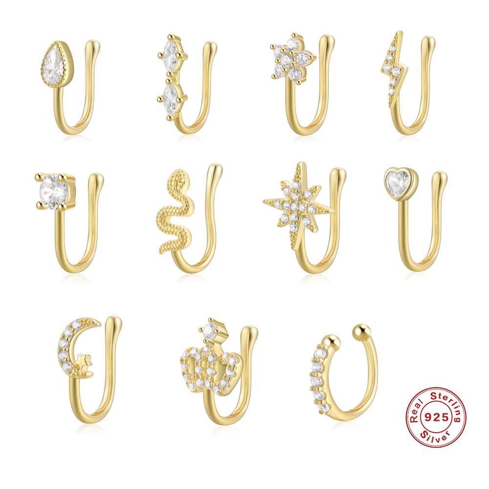 S925 Sterling Silver Geometric Water Drop Lightning Diamond Nose Ring Creative Nose Cuff Piercing Jewelry