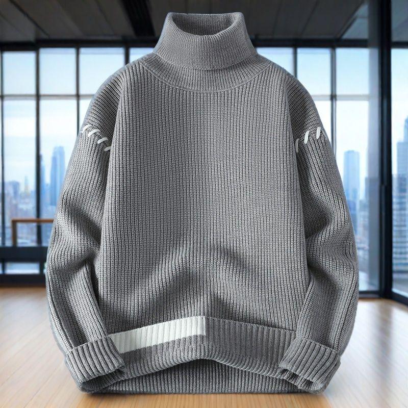 Мужской свитер крупной вязки с высоким воротником - Модный повседневный топ с длинным рукавом однотонной расцветки