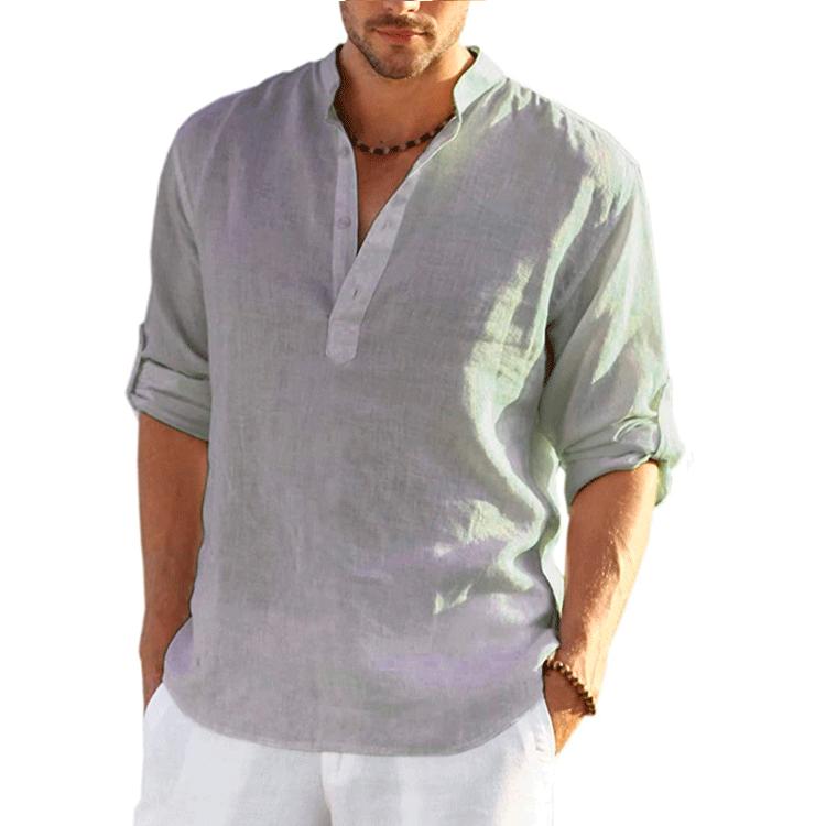 Large Size Men's Spring and Summer Buttoned Top Long Sleeve T-Shirt Solid Loose Fit Linen Shirt