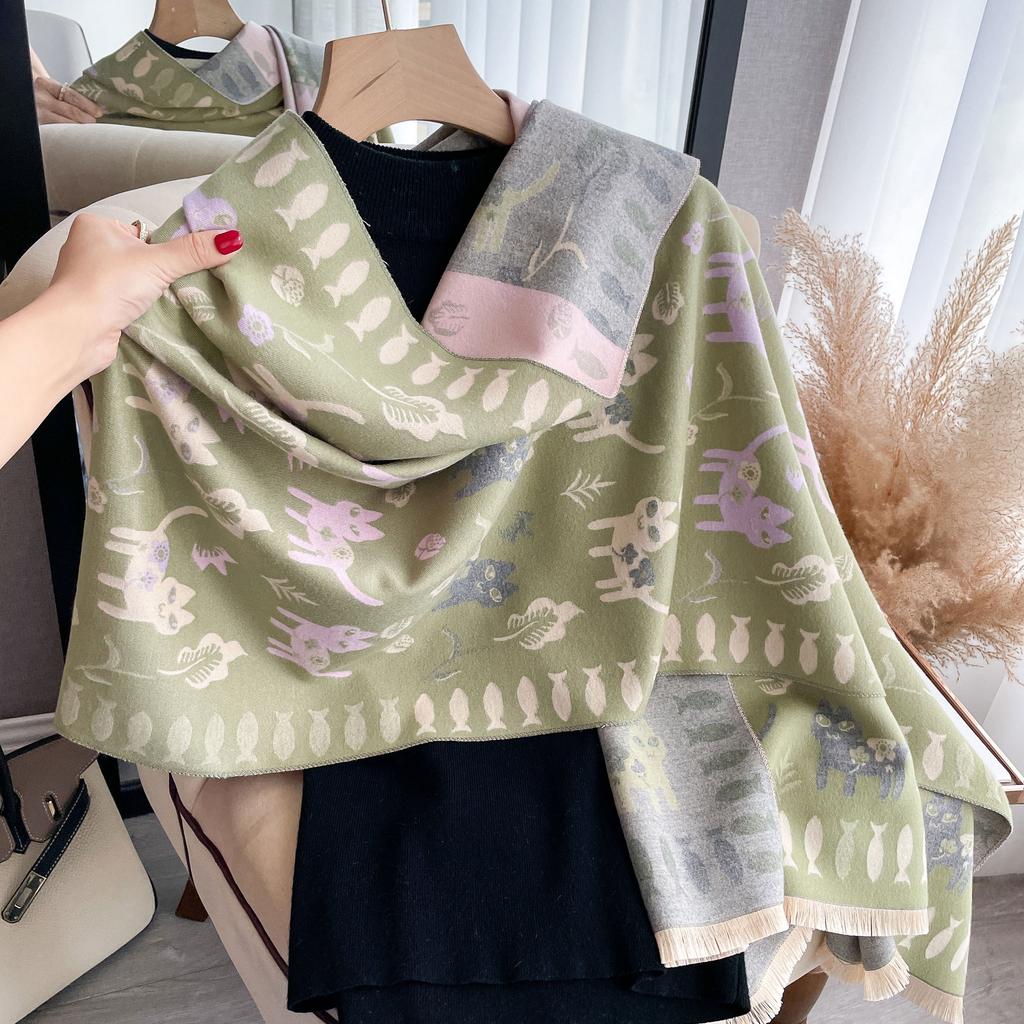 Autumn And Winter Ladies Cute Animals Cat Big Shawl Imitation Cashmere Thickened Warm Versatile Scarf To Keep Out The Cold