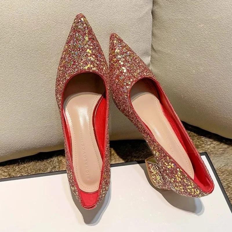 Women Pumps Sparkly Mid Heels Party Shoes for Women Sequins Glitter Heels Women Wedding Bridal High Heels Shoes Zapatos De Mujer