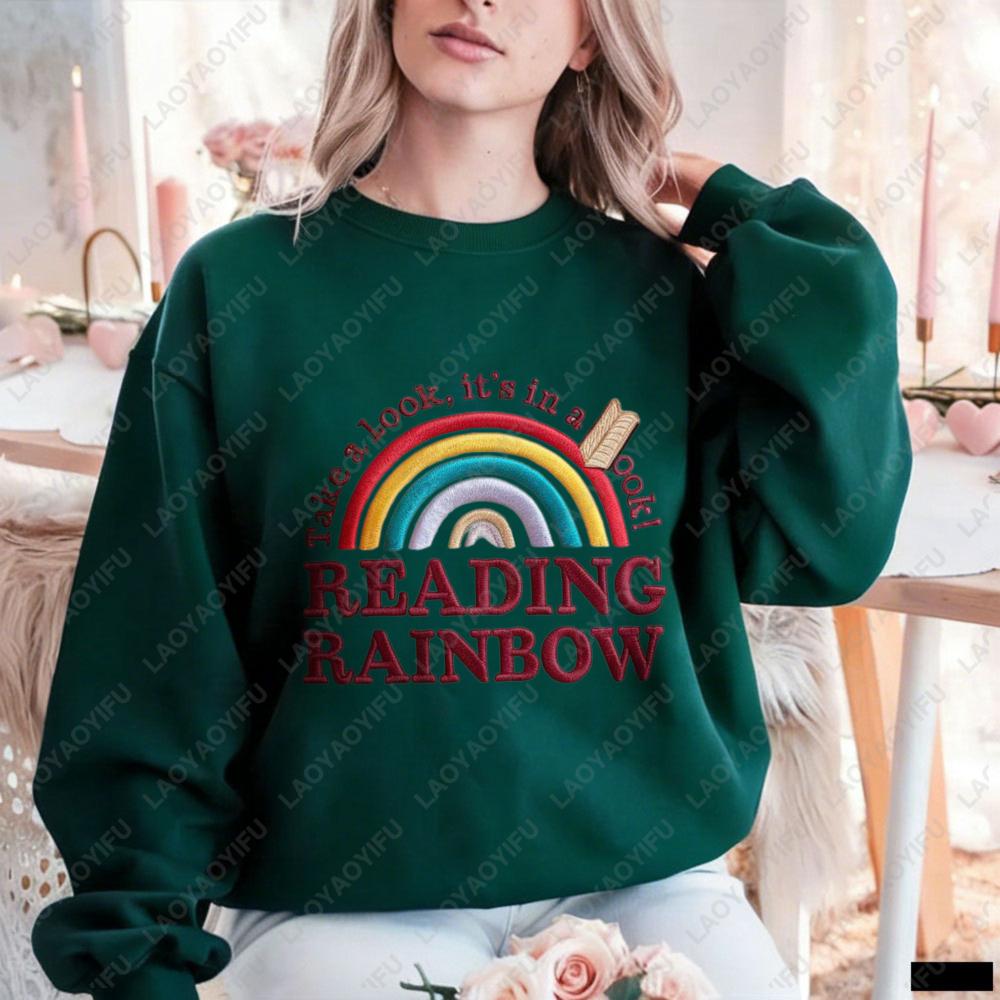 Reading Rainbow Взгляни Женский свитшот DTF-печать Вышитый стиль Пуловер, Ретро Подарок книголюбу для заядлых читателей