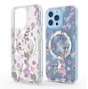 Маленький фиолетовый чехол с цветочным принтом и магнитом для iPhone 15/16/17 Pro Max - Прозрачный с полным покрытием