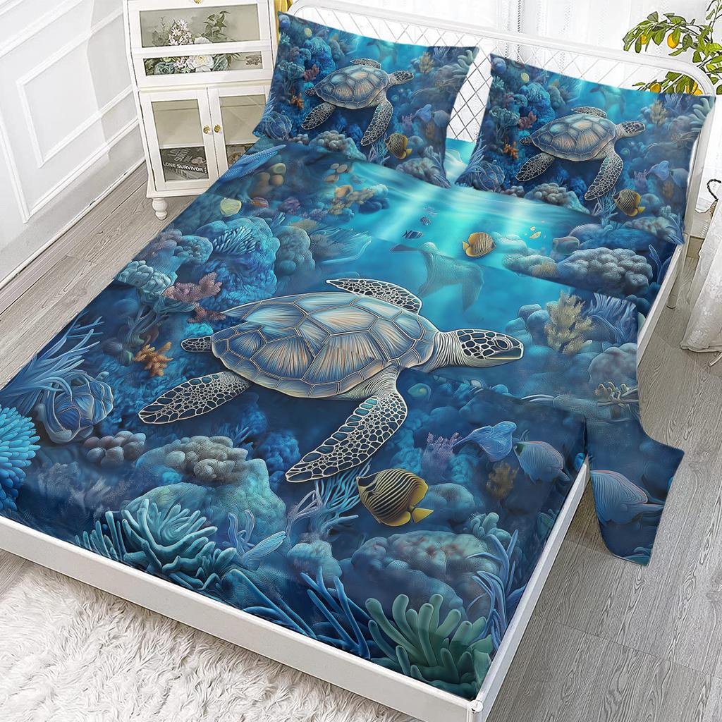 4-Piece Bed Sheet Set For Sea Turtles, Including 1 Flat Sheet, 1 Extra-Large Flat Sheet, 2 Pillowcases (Blue Tone, Seaside View)