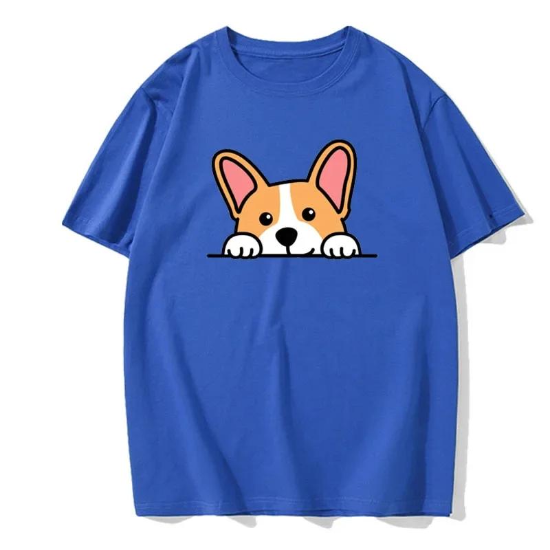 Cute Dog Corgi Print Summer Short-sleeved Casual Daily Versatile Men's Top Cotton European Size Comfortable T-shirt