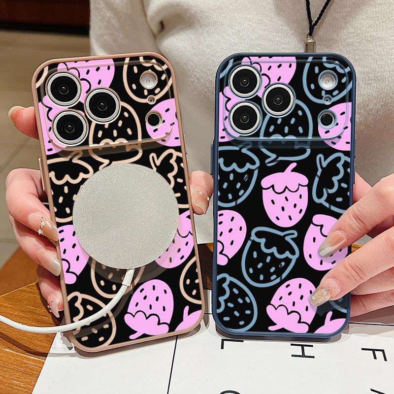 Cartoon Strawberry Print Magnetic Phone Case For iPhone 17 Pro Max 16 15 14 13 Pro Max For Magsafe Wireless Charge Hard PC Cover